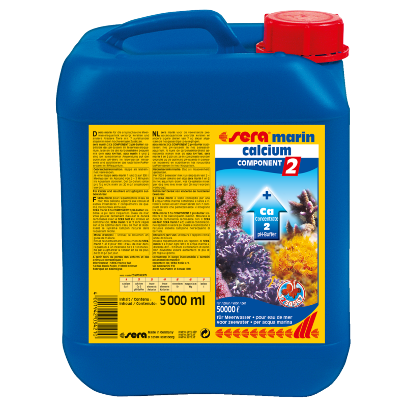 Sera marin component 2 Ca Ph-Buffer 5 litres stabilise le pH dans l’aquarium d’eau de mer.