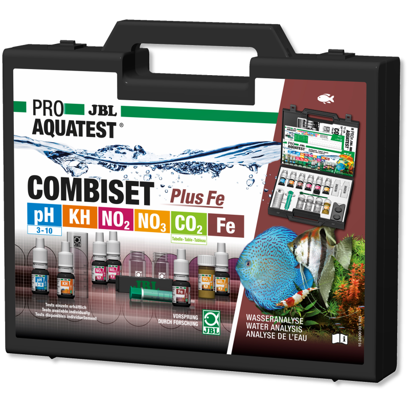 JBL Kit Combiset Test Plus Fe coffret de 6 tests des principaux paramètres d'eau en aquarium d'eau douce, test fer inclus