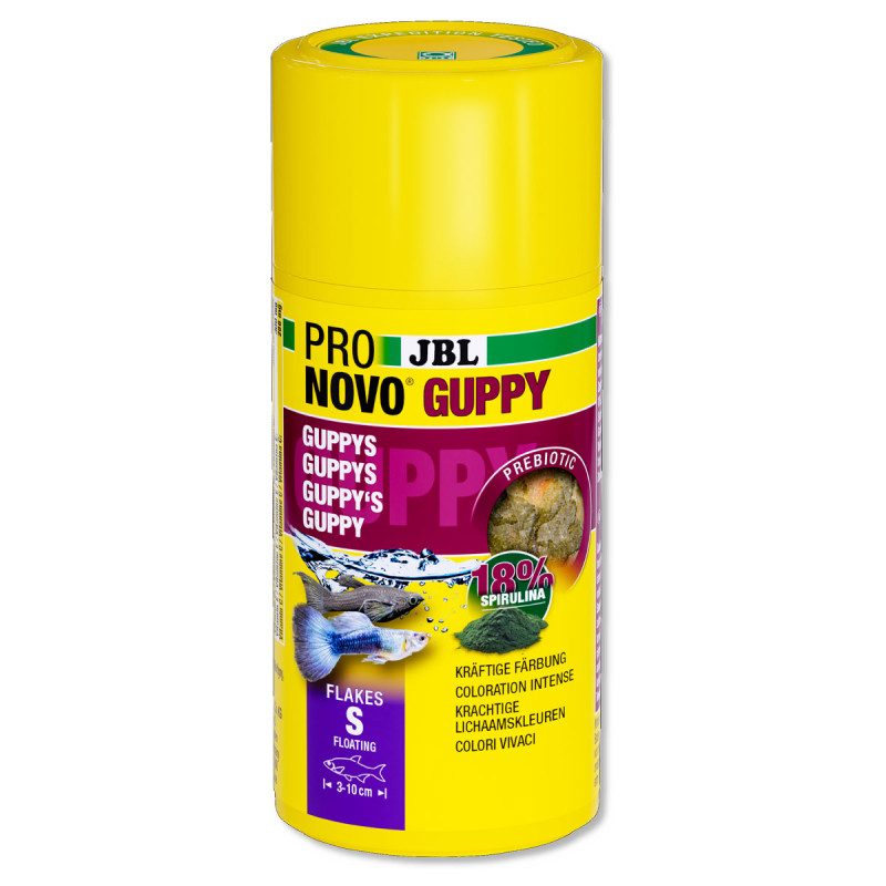 JBL PRONOVO GUPPY FLAKES S Aliment de base en flocons, taille S, pour guppys et autres poissons ovovivipares de 3 à 10 cm